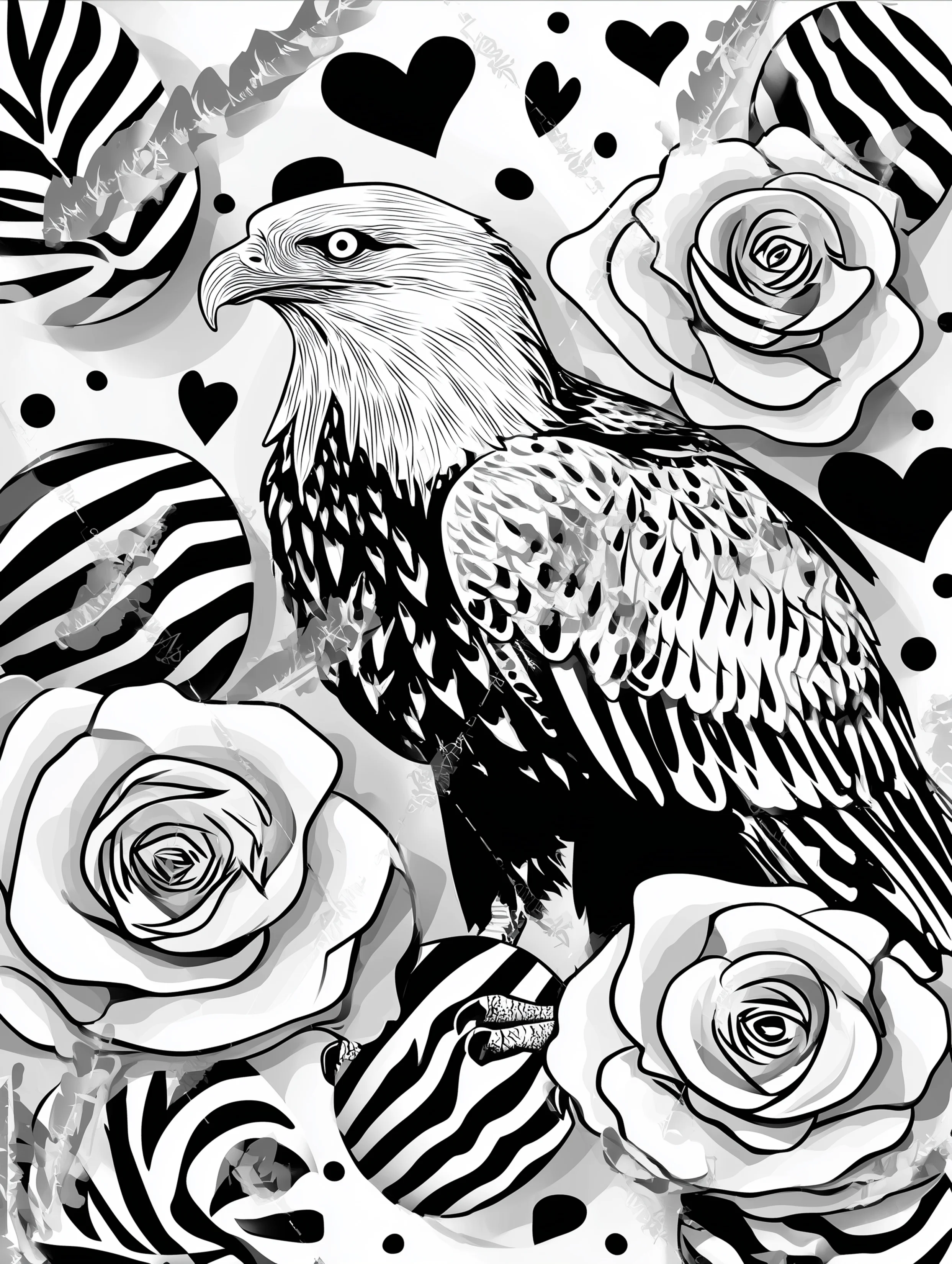 Free printable eagle coloring page for adults featuring an eagle with zebra print roses